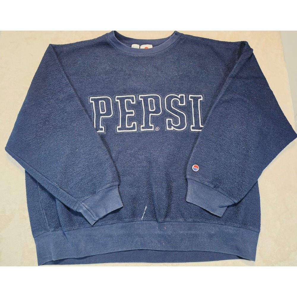 Vintage Pepsi Embroidered Terry Cloth Sweatshirt Navy Blue XL 90s Soda Promo